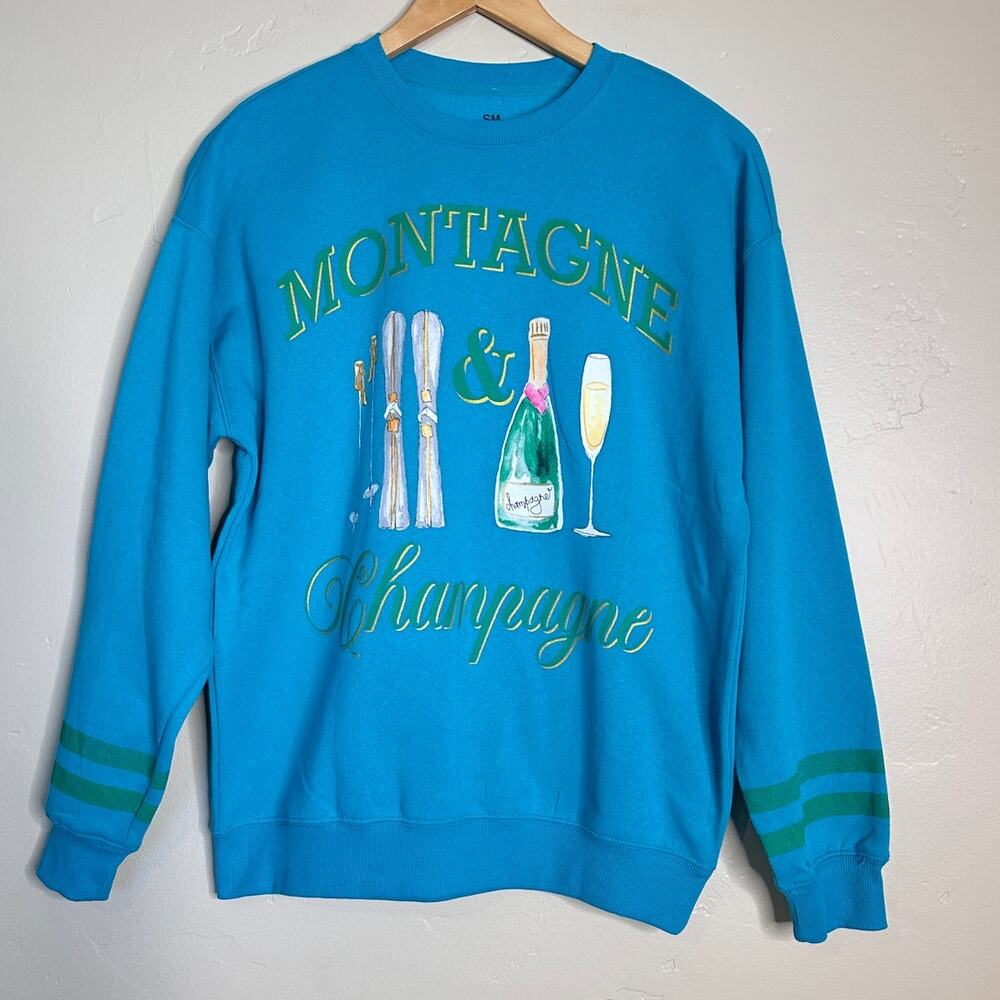 NEW Turquoise Montagne & Champagne Apres Ski Pullover Graphic Sweatshirt